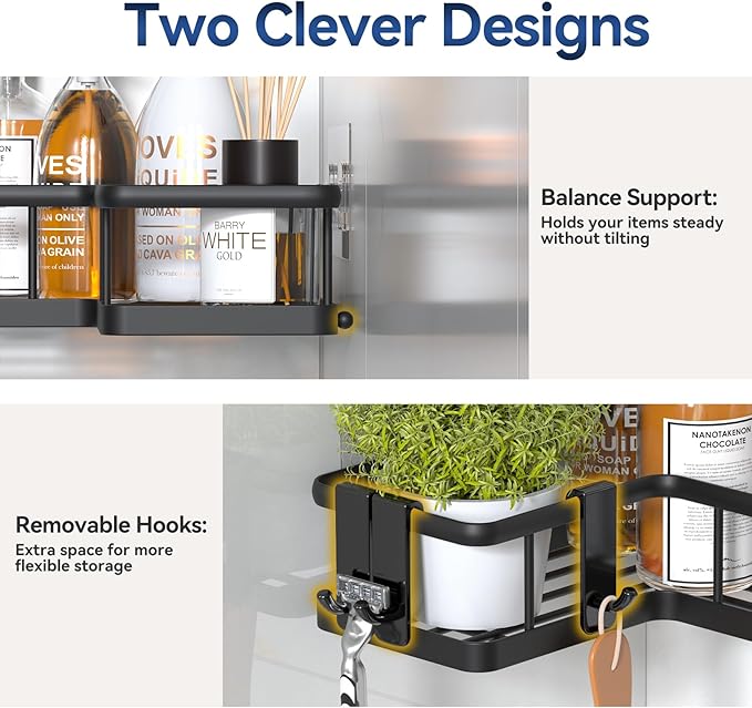 YASONIC Corner Shower Caddy Organizer, 5-Pack Adhesive Rustproof Stainless Steel Shower Shelves with Soap Holder, No Drilling Shower Storage Rack for Family Renters Bathroom, Black