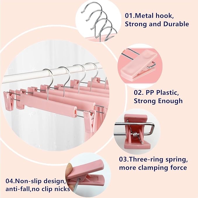 Skirt Hangers，Pants Hangers with Clips，360 ° Swivel Hooks Space Saving Hangers for Pants, Skirts, Clothes, Jeans (20Pack, Pink)