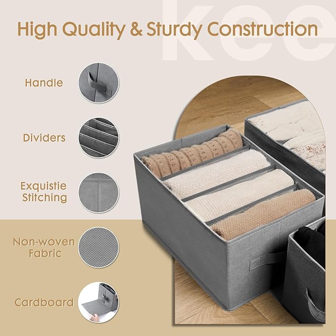 Criusia 6 Pack Large Clothes Organizer, Wardrobe Closet Organizer and Storage with Handles, Foldable Fabric Closet Organizers Dividers for Clothing, Pants, Jeans, Sweater, T-shirts, Grey