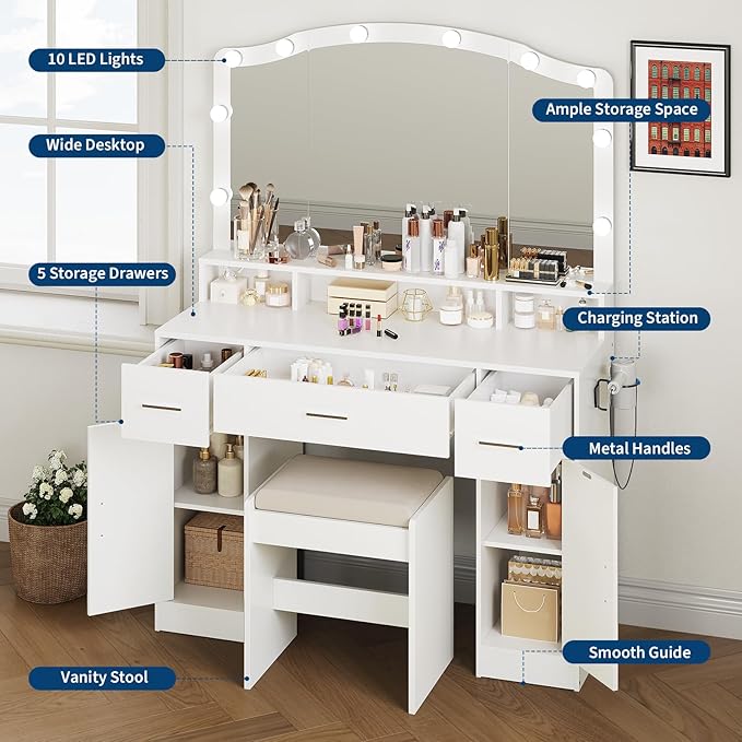 White Makeup Vanity Desk with LED Lights and Stool, Complete Dressing Table with 3 Drawers, 2 Cabinets & Long Shelf, Storage Organizer for Bedroom, Women and Girls