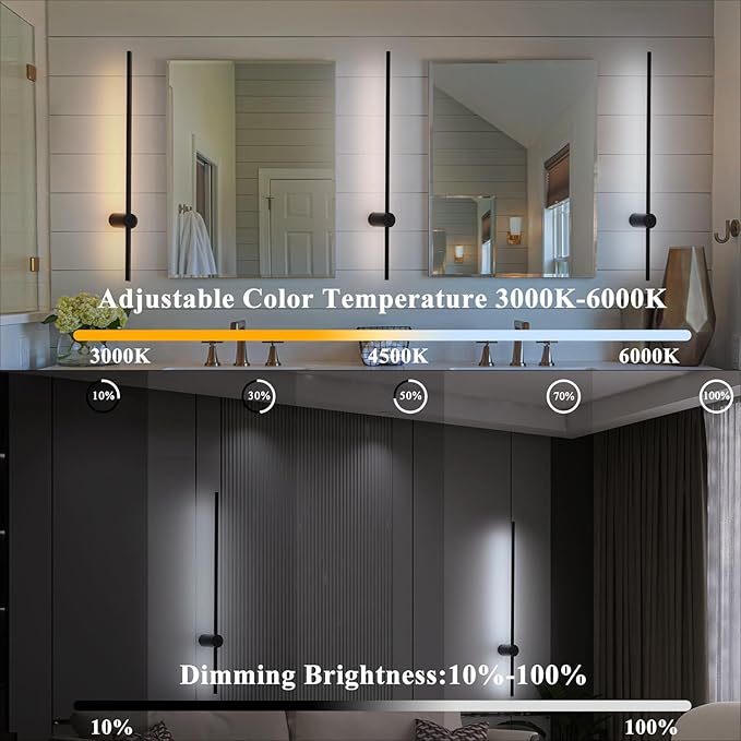 Battery Operated Wall Sconces Set of 2, Rechargeable 6000mAh Wireless Lights with Remote, 360° Rotation Dimmable 3000K-6000K, No Wiring Indoor Lamps for Bedroom Hallway Stairs 40 Inch Black