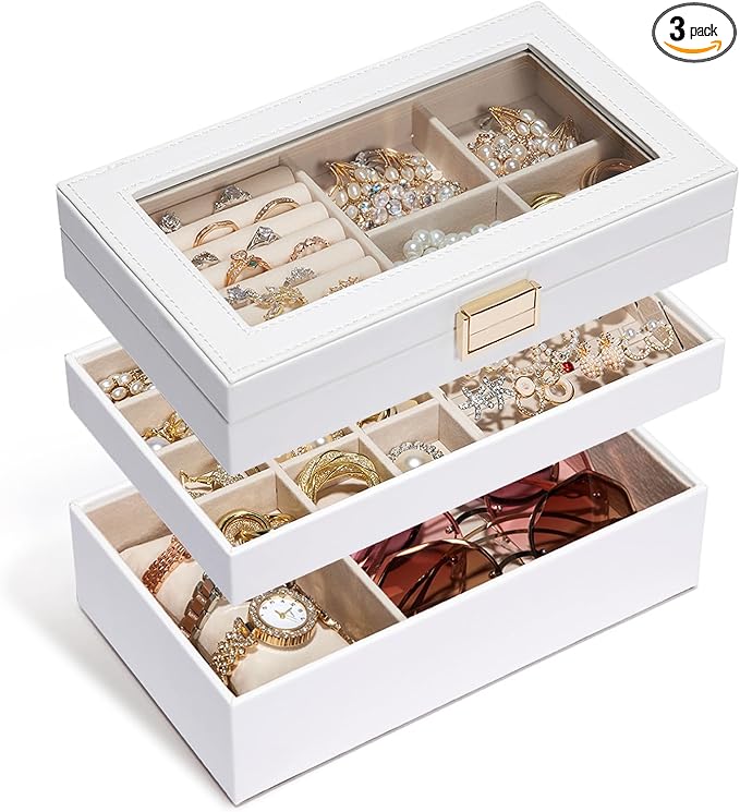 Homde Jewelry Tray Stackable Jewelry Box with Glass Lid, Removable Dividers for Vanity Table Gift Idea for Girls and Women (White)