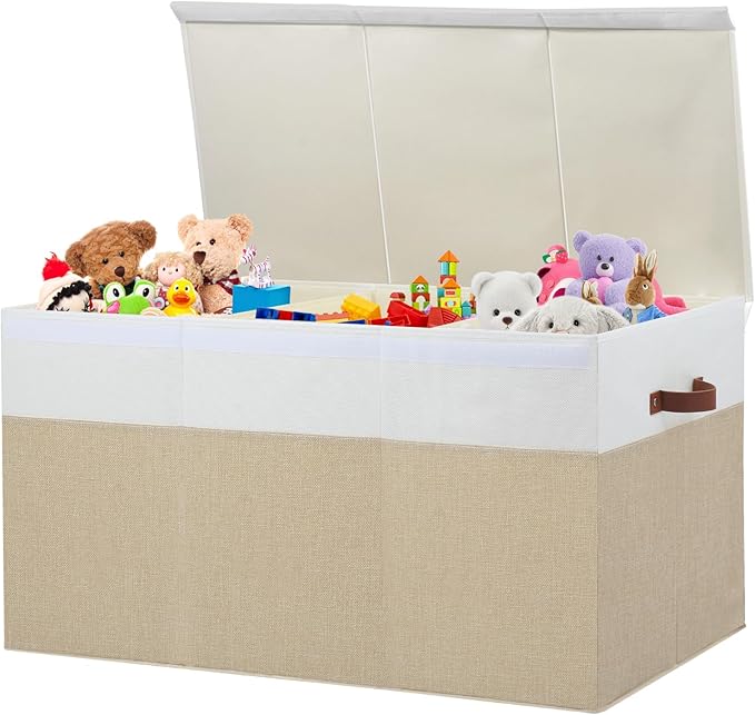 Extra Large Toy Storage Box with Lid, Sturdy Toys Storage Chest Bin Organizer Basket with Dividers for Kids, Boys, Girls, Nursery, Closet, Bedroom, Playroom 35.5"x17" x17" (Beige and White)