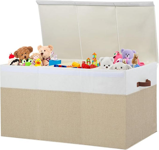Extra Large Toy Storage Box with Lid, Sturdy Toys Storage Chest Bin Organizer Basket with Dividers for Kids, Boys, Girls, Nursery, Closet, Bedroom, Playroom 35.5"x17" x17" (Beige and White)