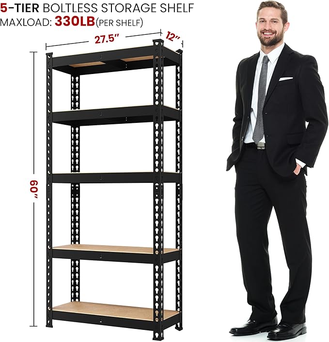 Yaheetech Storage Shelves 5 Tier Garage Shelving Heavy Duty Garage Shelves Adjustable Metal Shelving Unit Utility Rack Industrial Shelving for Warehouse Pantry Closet, 27.5" W x 12" D x 60" H, Black