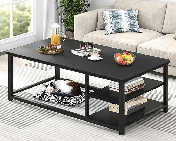 EXCEFUR Black Coffee Table, Rustic Wood Living Room Table with Storage Shelf, Modern Rectangle Center Table, 47 Inch