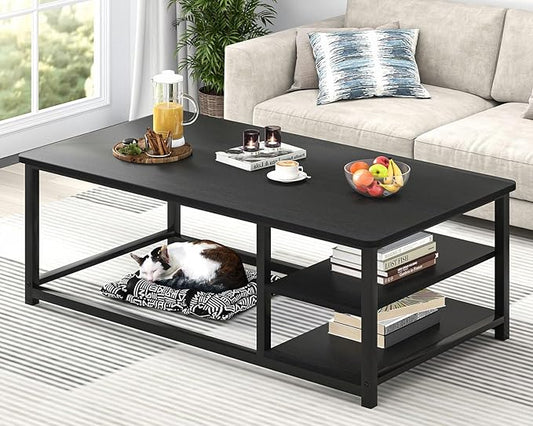 EXCEFUR Black Coffee Table, Rustic Wood Living Room Table with Storage Shelf, Modern Rectangle Center Table, 47 Inch