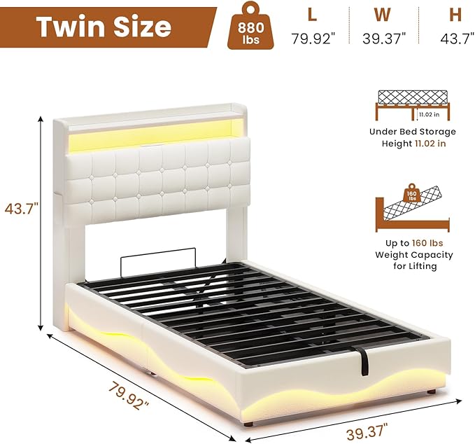 ADORNEVE Lift Up Storage Twin Bed Frame with LED Lights, Hidden Storage Headboard and Charging Station, Upholstered Platform Bed, LED Bed with Hydraulic, No Box Spring Needed, Creamy White