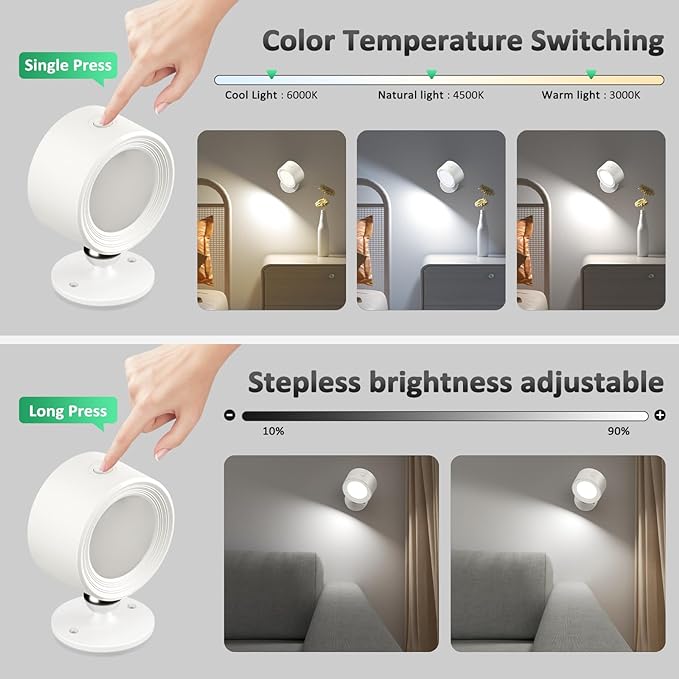 LED Wall Sconces 2 Pcs with Remote, Wall Mounted Lights Rechargeable Battery Operated, 3 Color Temperatures & Dimmable Wall Lamp Magnetic 360° Rotation Wireless Light for Bedroom Living Room