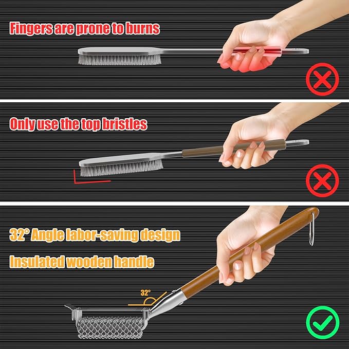 HOUSE AGAIN Grill Brush Bristle Free, 304 Stainless Steel Food-Grade Brush Head with Scraper, Safe BBQ and Grill Grate Cleaner Non Wire, Outdoor Grill Cleaning Brush w/Wooden Handle Gift for Men/Dad