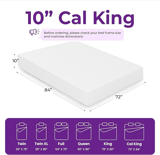 Gaeste 10 Inch Cal King Cooling Gel Memory Foam Medium Firm Mattress Breathable Pressure Relief CertiPUR-US Certified Foam, Mattress-in-a-Box for Kids and Adults No Fiberglass (California King, 10 in)