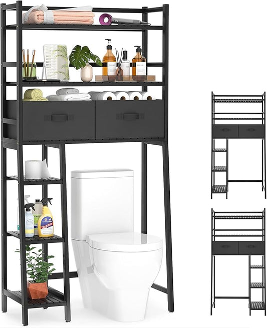 Homykic Over The Toilet Storage with 2 Drawers, Bamboo Above Toilet Shelf Organizer, Bathroom Tower Rack with Toilet Paper Holder Stand, Space Saver, Mass Storage, No Rust, Black