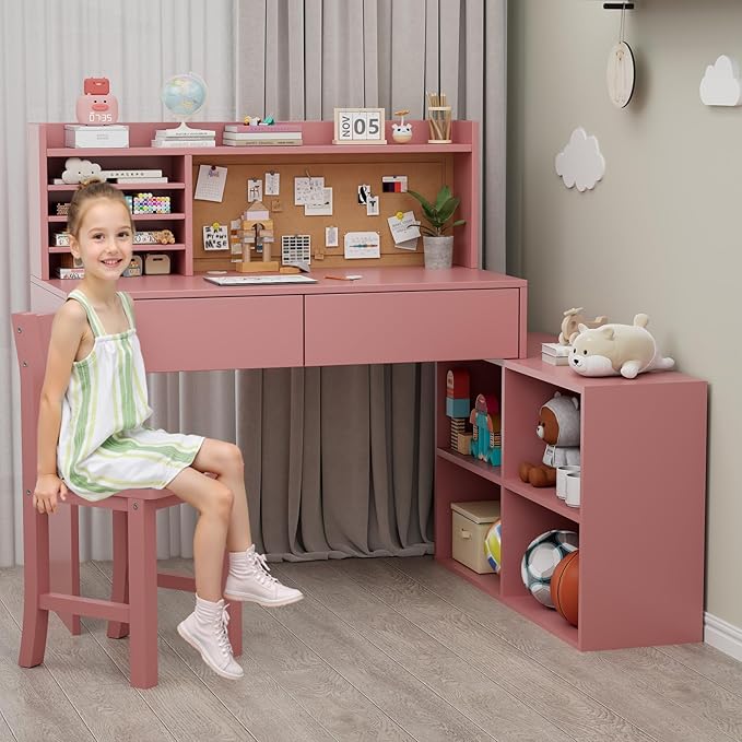 Pink Kids Desk and Chair Set, Kids Study Table and Chair Set with 2 Drawers & 4 Cabinets, Kids Study Desk with Removable Large Storage Cabinet,Girls Study Desk for Kid for Bedroom-vDkR36