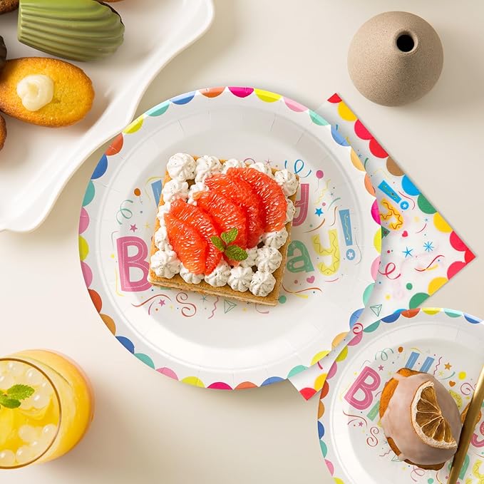 100pcs Birthday Party Plates Disposable Tableware Set Colored Semicircles Paper Plates for 25 Guests Party Supplies Baby Shower(Include 7" & 9" Plates, Cups and Napkins)