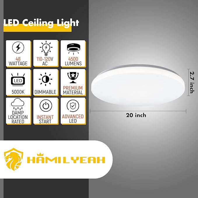 Hamilyeah 48W Flush Mount Ceiling Light, 20 inch LED Ceiling Light Fixture, 5000K Daylight Simple Close to Ceiling Light for Living Room, Dining Room, Bedroom, Hotel, Office