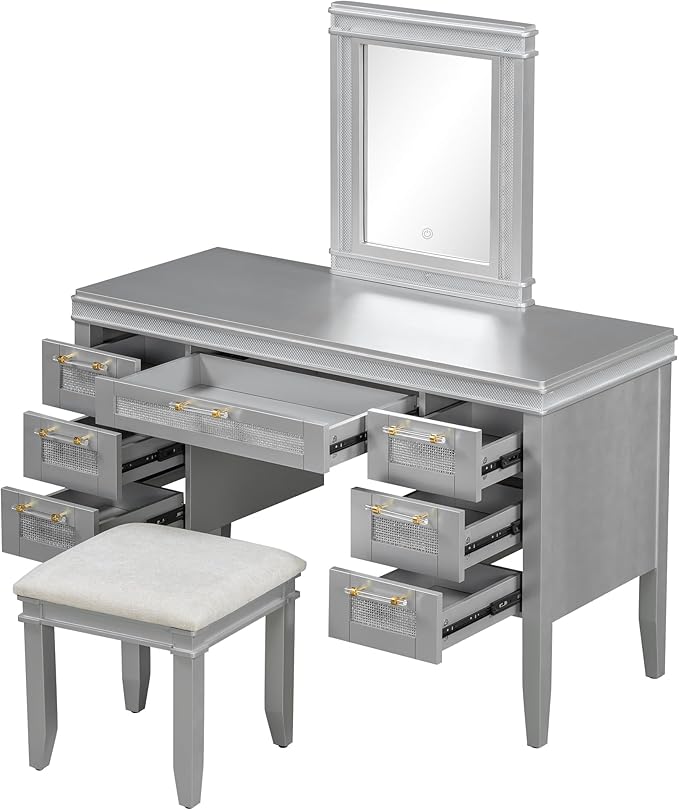 Merax 48" Vanity Desk with Mirror and Lights, Makeup Vanity with 7 Drawers and Cushioned Stool, Classic Finish Dressing Table with Hollow Design Drawer for Bedroom, Rubber Wood Legs, Grey-Blue