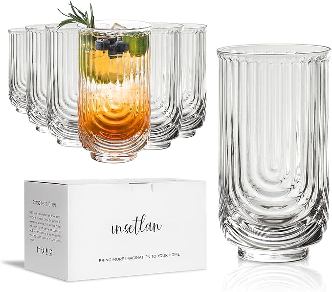 INSETLAN Set of 6 Water Drinking Glasses, Arch Design Cocktail Glasses, Vintage Glassware, Collins Glass Cups for Coffee, Wine, Whiskey, Juice, Housewarming Presents, New House Essentials