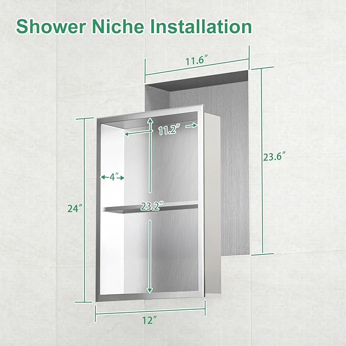 SaniteModar Shower Niche, Stainless Steel Shower Niche 12" X 24" No Tile Needed, Recessed for Bathroom Storage, Brushed Silver Double (Brushed Silver, 12x24,Double)