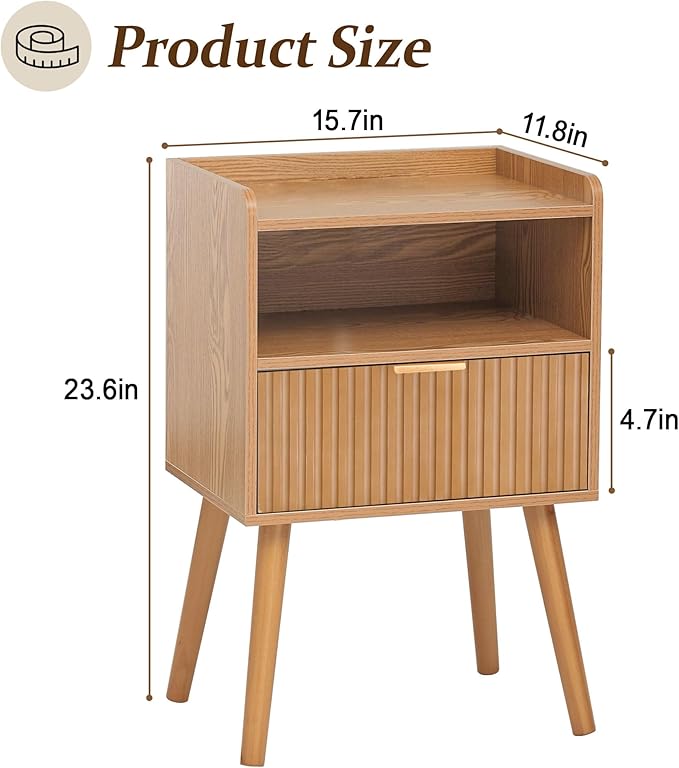 AWASEN Fluted Nightstand, Mid Century Modern Bedside Table with Storage Drawers, Wood Night Stand Bed Side Table with Solid Wood for Living Room, Bedroom, Office and Small Space (Brown)