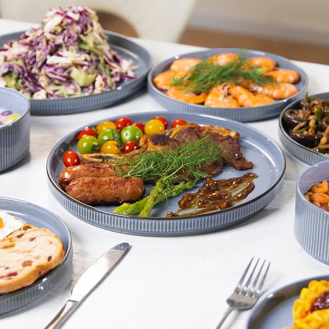 Romswi Ceramic 18Pcs Dinnerware Sets,Stoneware Plates and Bowls Set for 6, Chip & Scratch Resistant Ribbed Dish Set, Handmade Reactive Glaze, Oven, Microwave & Dishwasher Safe, Gray Blue