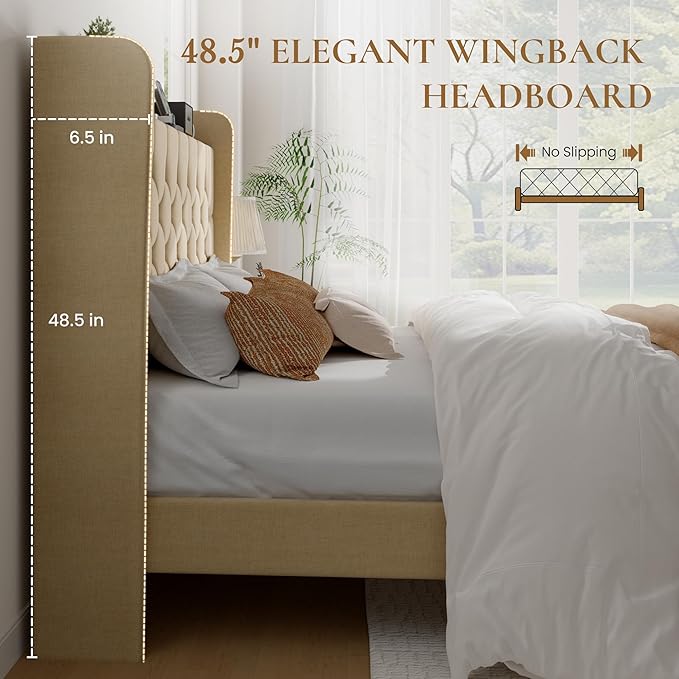 SHA CERLIN Full Size Platform Bed Frame with Charging Station, Velvet Wingback Headboard with Storage Shelf, Wooden Slats Support, Ample Under-Bed Space, No Box Spring Needed, Easy Assembly, Beige