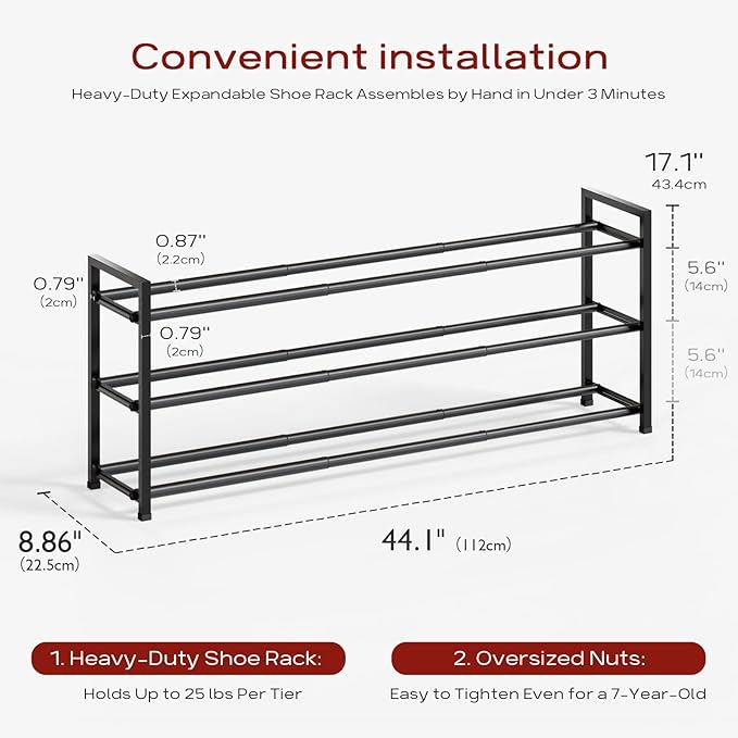 Bumusty 3-Tier Long Expandable Shoe Rack for Closet, 18"-44" Adjustable Shoe Rack for Entryway, 15-18 Pairs Large Shoe Organizer Shelf Storage, Sturdy Metal, Black