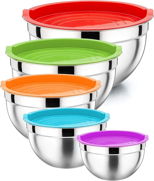 P&P CHEF Mixing Bowl with Airtight Lid Set of 5, 10-Piece Stainless Steel Nesting Salad Bowl Set for Prepping, Mixing and Serving, Size 4.6, 3, 1.5, 1, 0.7 QT, Rimmed Edges & Flat Base, Multicolor