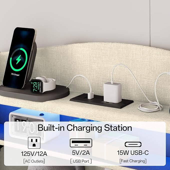 Twin Bed Frame, Twin Bed Frames with Storage Headboard, Upholstered Twin Size Bed Frame with Drawers, Charging Station and LED Lights, Easy Assembly, Beige