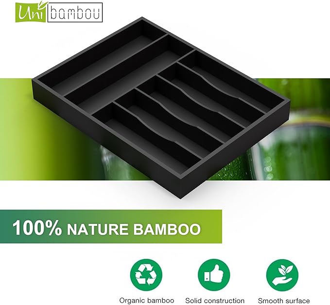 Sliverware Organizer, Bamboo Kitchen Drawer Organizer, Flatware Organizer Tray Holder for Sliverware, Utensil & Cutlery (7 Slots, Black)