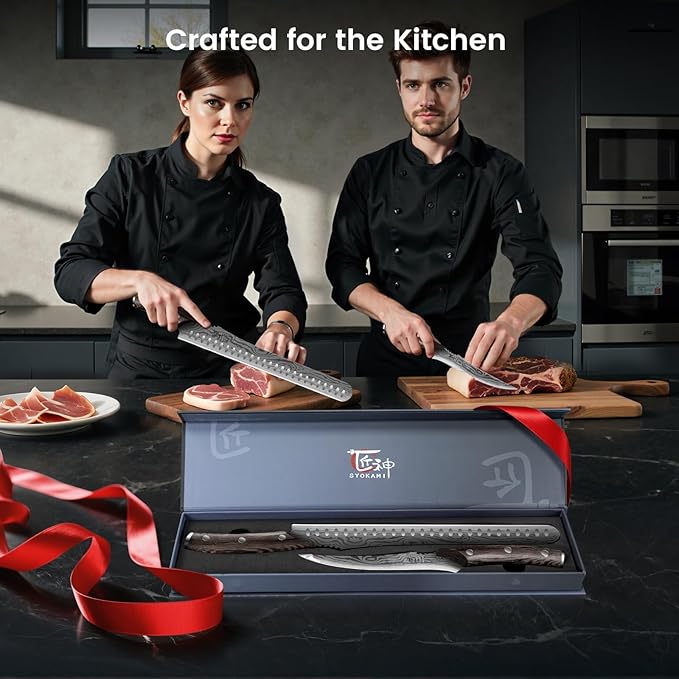 BBQ Carving Knives Set, Brisket Slicing Knife and Boning Knife for Meat Cutting, Razor Sharp Japanese Style High Carbon Steel Kitchen Knives, Wood Ergonomic Full Tang Handle, Ideal for Gift