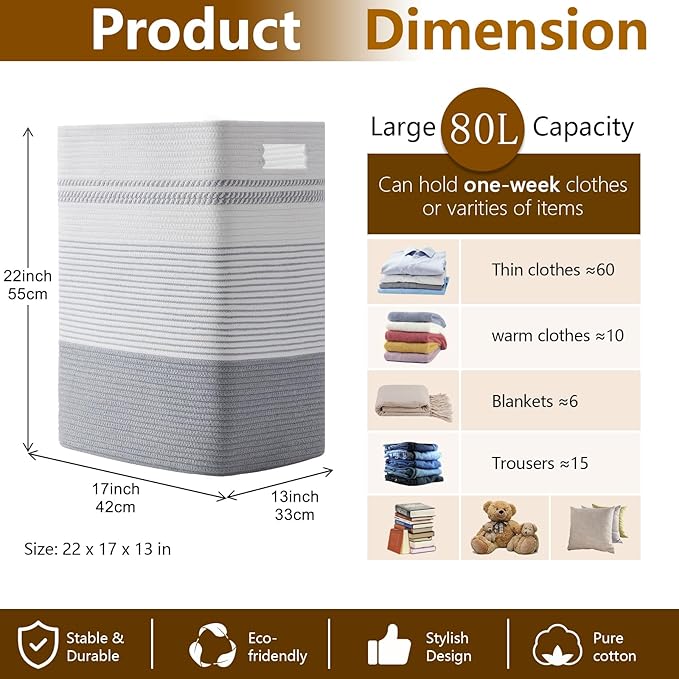 Laundry Hamper, Large Woven Rope Tall Laundry Basket with Handles, 22" X 17" X 13", Decorative Storage Basket for Clothes and Blankets in Living room, Bedroom, Grey & White