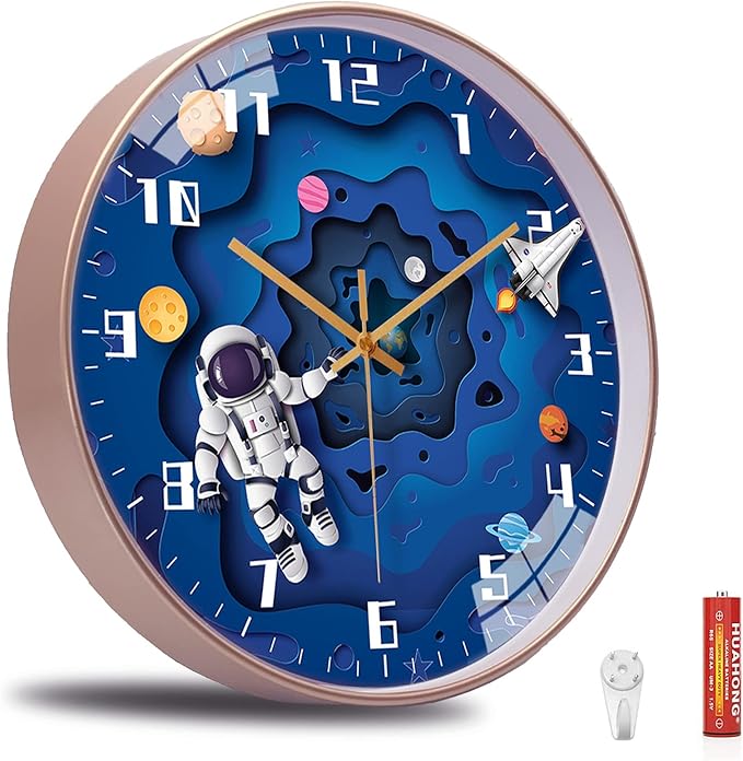 12 Inch Silent Movement Kids Wall Clock, Non Ticking Children Round Wall Clock Battery Operated Space Travel Style Decor Children Clock for School Boys Bedroom Living Room Space Decor (Blue)