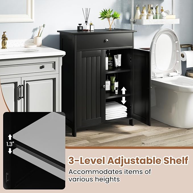 Giantex Storage Cabinet, Freestanding Bathroom Cabinet with 2 Doors, 1 Drawer, 3-Level Adjustable Shelf, Modern Wooden Storage Organizer for Laundry Room, Entryway, Living Room (Black)