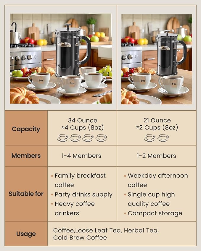 BAYKA French Press Coffee Maker 34 Ounce 1 Liter, Borosilicate Glass Stainless Steel Brewer, Large Portable Cold Brew Cafetera Teapot for Kitchen Travel Camping Coffee Bar Accessories, Dark Pewter