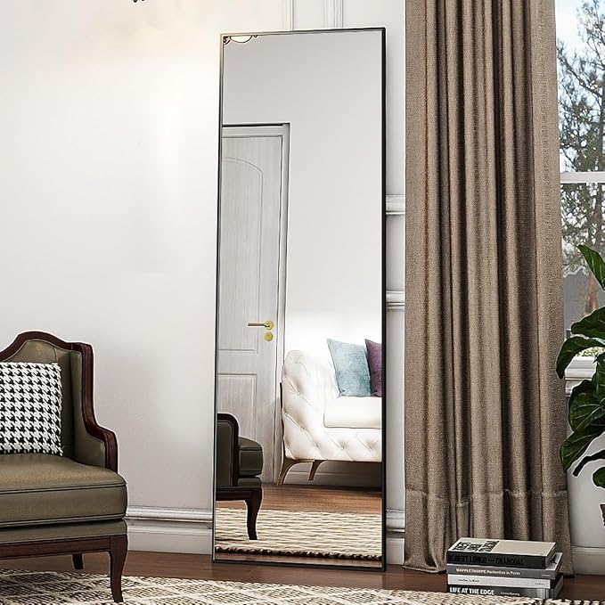 Koonmi 21"x56" Floor Mirror Full Length, Bedroom Floor Body Mirror with Stand, Large Black Mirror, Leaning, Standing or Hanging Horizontally/Vertically