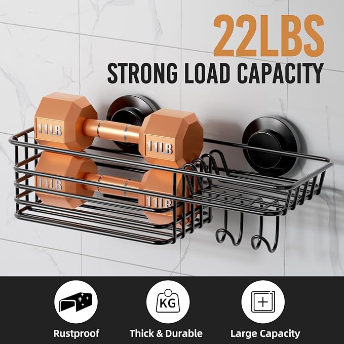 LEVERLOC Shower Caddy Suction Cup, Suction Caddy With Hooks and Soap Holder For Bathroom, No-Drilling Bathroom Shower Organizer, Black