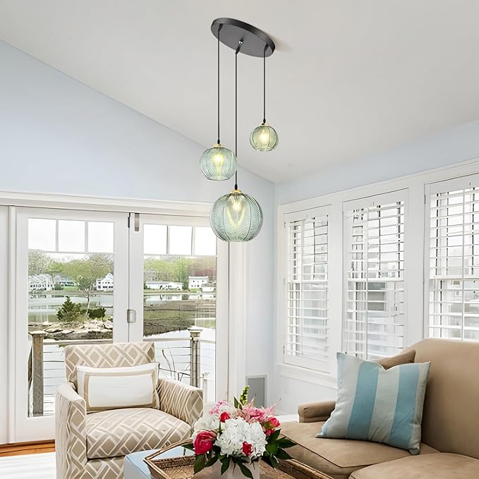 KCO Lighting Vintage Green Glass Chandelier 3 Light Pendant Light Fixtures Farmhouse Striped Glass Pendant Light Gold and Black Hanging Lights Multi Light Cluster Pendant Lighting