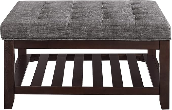 24KF Large Square Upholstered Tufted Linen Ottoman Coffee Table, Large Footrest Ottoman with Solid Wood Shelf-Dark Gray