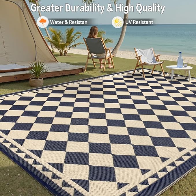 Outdoor Rug for Patios Clearance,Waterproof Mat,Large Outside Carpet,Reversible Plastic Straw Camping Rugs,Rv,Porch,Deck,Camper,Balcony,Backyard (9x12,Checkered/Black&Beige)