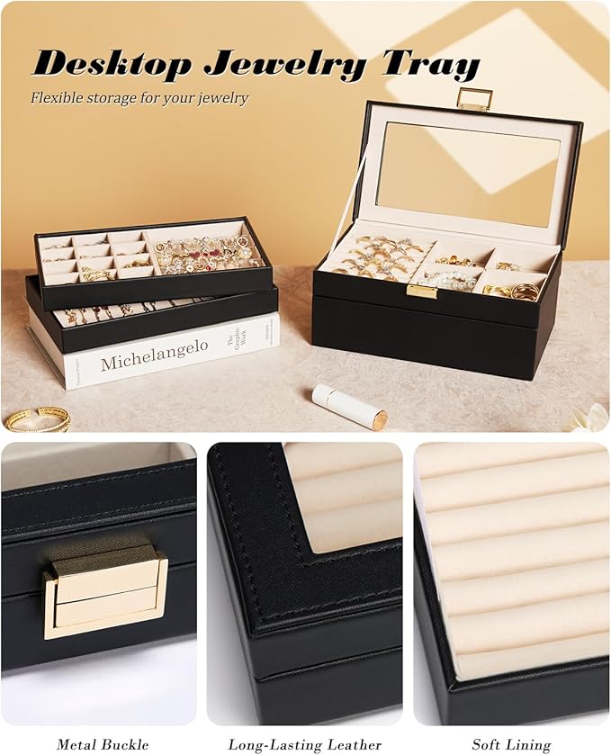 Homde Jewelry Tray Stackable Jewelry Box Drawer Organizer with Glass Lid, Removable Dividers for Vanity Table Gift Idea for Girls and Women (Black)