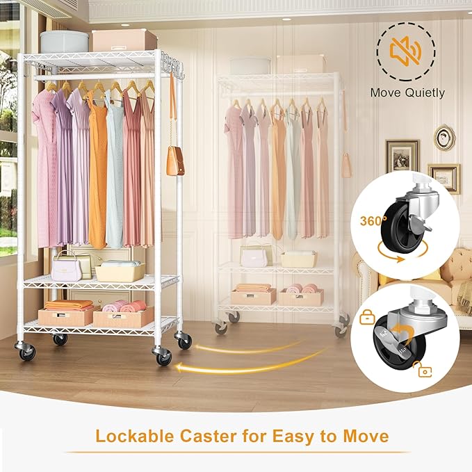 FUTASSI P6 Medium Rolling Clothes Rack Heavy Duty, Clothing Racks for Hanging Clothes, Freestanding Garment Rack with Wheels, Portable Closet Rack Max Load 370 LBS, 30''W x 14''D x 77.6''H, White