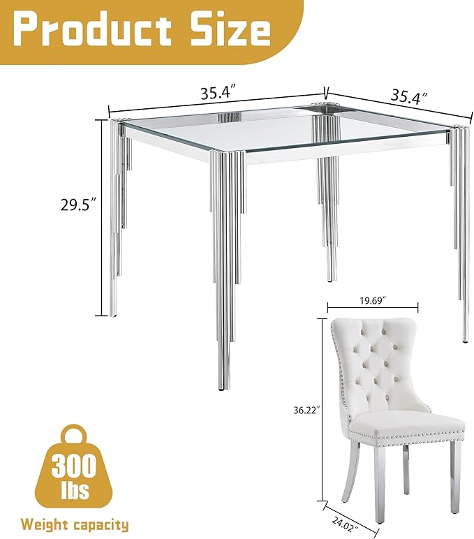 5 Piece Glass Dining Table Set, Morden Kitchen Table Set for 4 with 35" Clear Glass Dining Table and 4 White Velvet Upholstered Chairs for Kitchen, Silver Legs