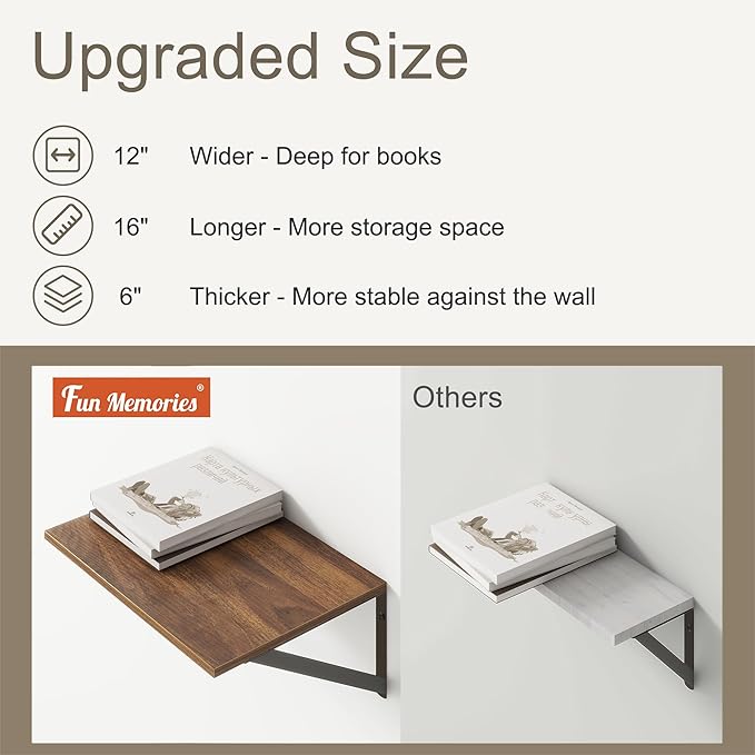 Deep Floating Shelves for Wall, 12 Inch Deep Floating Shelves Set of 2, 16"W x 12"D Wall Shelf, Wide Display Ledges Shelves for Bedroom, Bathroom, 12 Deep Bookshelf Wall Mounted - Walnut Color