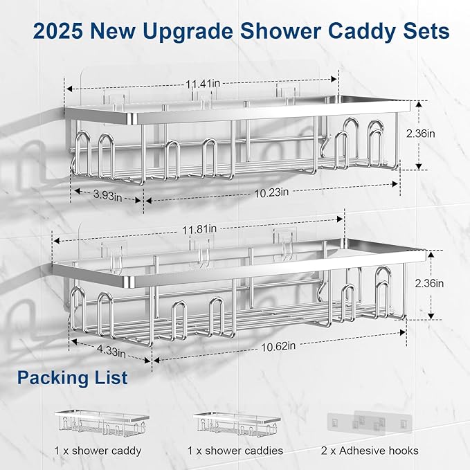 2025 New Adhesive Shower Caddy, Shower Shelves with 16 Hooks, Silvery 2 Pack