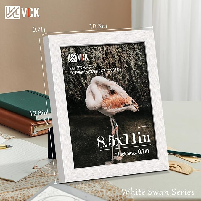 VCK 8.5x11 Picture Frame Set of 4 - White, Gallery-Quality Wood Poster Frames, 1.1-Inch Wide Border, Polished Plexiglass, Vertical or Horizontal Wall & Tabletop Display for Photo/Art/Prints, White