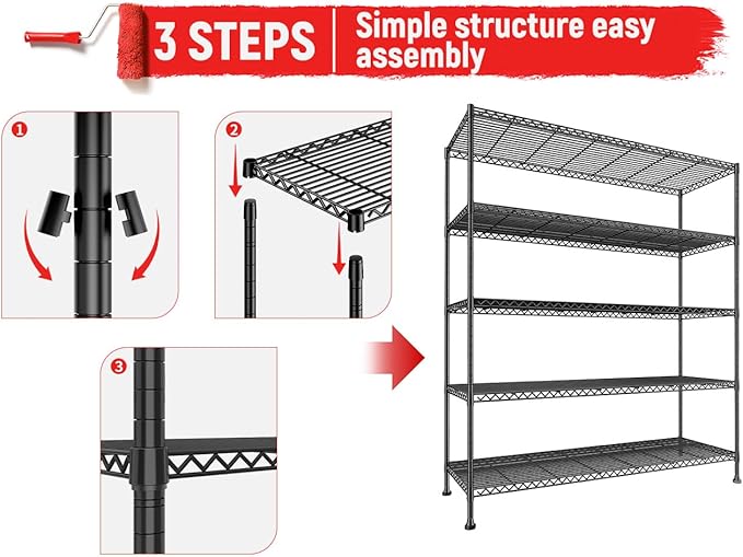 REIBII 45.8''W Steel Wire Shelving Unit, 5 Tier Adjustable Metal Storage Shelves for Kitchen Pantry Office Wire Rack Metal Shelving Unit for College Dorm School, 45.8" W x 71" H x 17.2" D 2PCS