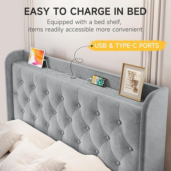 koorlian Full Size Bed Frame, Full Bed Frame with Headboard, Adjustable Velvet Upholstered Bed Frame with Type-C&USB Port, Wingback Storage Headboard, Solid Wood Slats Support, Noiseless, Light Gray