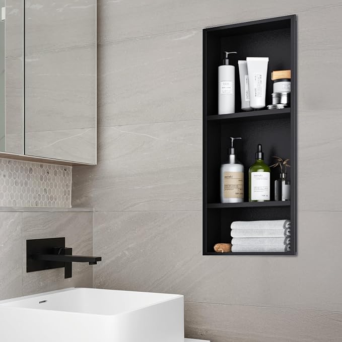 Stainless Steel Shower Niche 12" x 29", 3-Tier Shower Niches No Tile Needed, Recessed Niche for Shower Wall, Shower Niche Shelf for Bathroom Storage, Matte Black