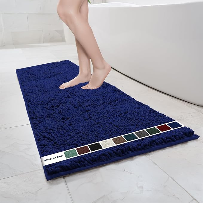 Muddy Mat Chenille Bathroom Rugs Quick Dry Microfiber Mats Non Slip Washable, Extra Thick, Soft and Highly Absorbent Bath Mats for Bathroom, Kitchen, and Shower Floor - Navy Blue Runner 59"X24"