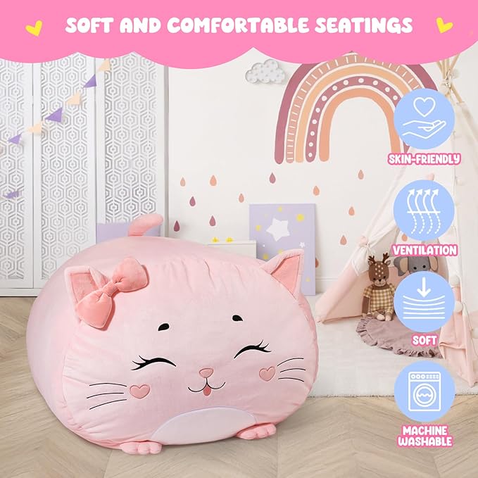 GAGAKU Stuffed Animal Bean Bag Cover Toy Storage, 24 Inches Kids BeanBag Pink Small Cat Large Zipper Bean Bag for Organizing Kids Plush Toys Home Supplies